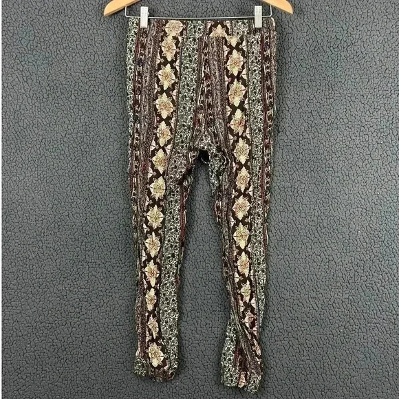 Brown Floral Casual Pants SMALL Pockets Elastic Waist Tribal Print Comfortable - Picture 2 of 8
